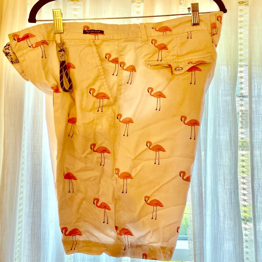 Men’s size 34 waist. White shorts pink flamingos.